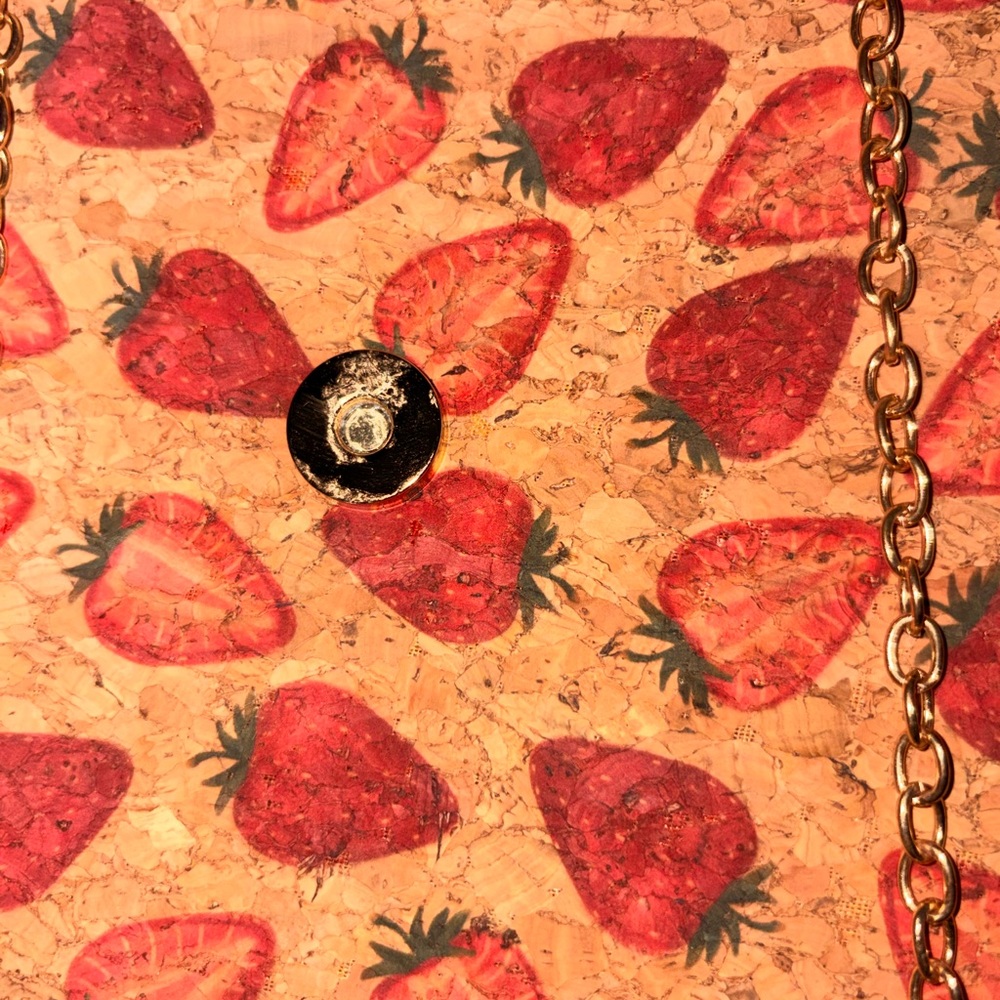 Strawberry Print Yellow Top-Handle Women’s Cork Bag with Gold Ring - Picture 4 of 5